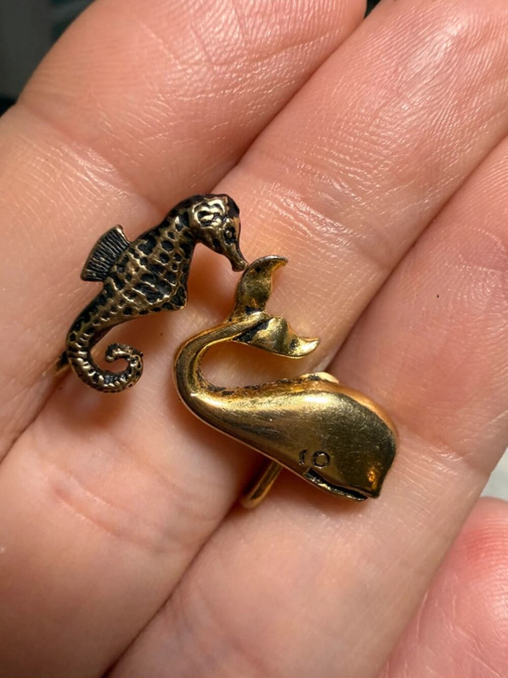 Vintage gold tone mismatched earrings seahorse and whale